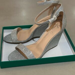Lauren Lorraine Silver Glitter Wedge Heel Sandals Silver Shimmer Sz 9.5
